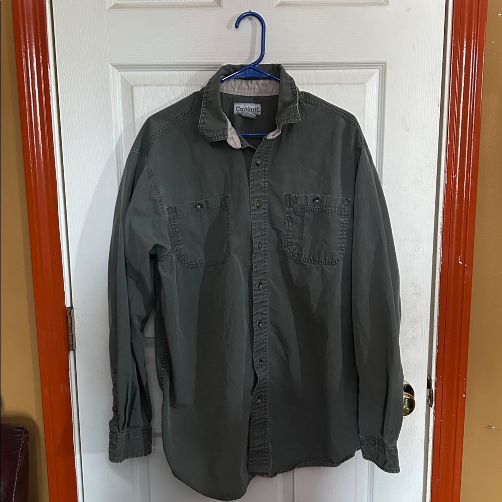 Carhartt Men's Dark Gray Olive Long-Sleeve Button-Down Work Shirt XL